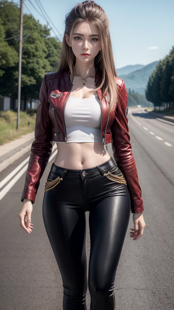 Woman riding a classic bike, Beautuful Women,Red long hair, full scene shot, Best Quality, Evening glow, Steppe road, blows wind,look up sky, Beautuful Women, Outdoor Scene, dark red hair, Natural view, rot,leather jackets, Navel Ejection, tight pants, sexy long legs, (thigh gap: 1.5),(buttocks raised, wide hips), Highly detailed facial and skin texture, Detailed eyes, double eyelid,Full body, 20-year-old female model, octane render,Two-tone lighting,Wide aperture,Low ISO,White Balance, Driving a classic motorcycle, landscape