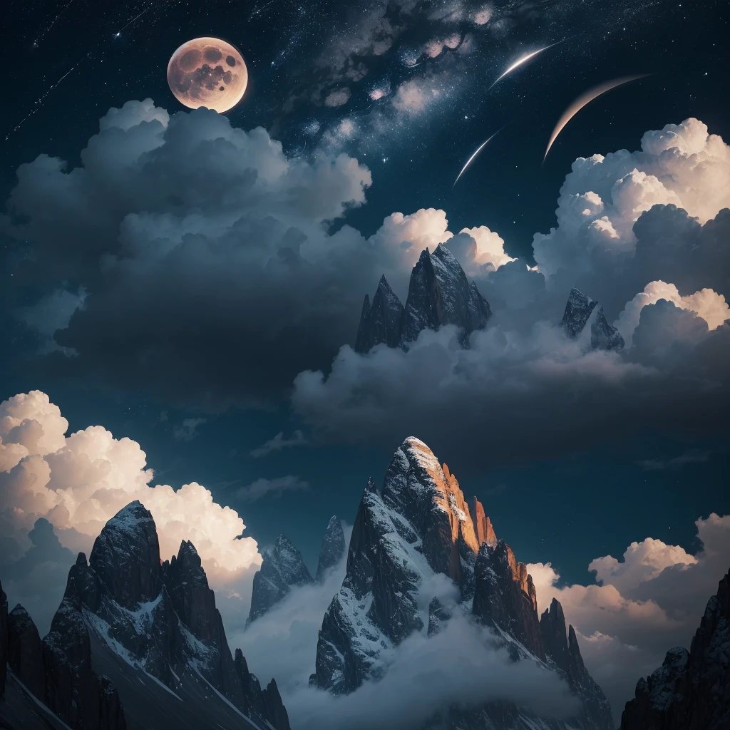 a crescent in the sky with clouds and a mountain in the background, a matte painting by Muggur, flickr, hurufiyya, moonlit night dreamy atmosphere, beautiful moonlight night, moonlit night sky, beautiful moonlight, moonlit backdrop, beautiful moon light, moonlit night, crescent moon in background, moonlit nightscape, night sky with moon