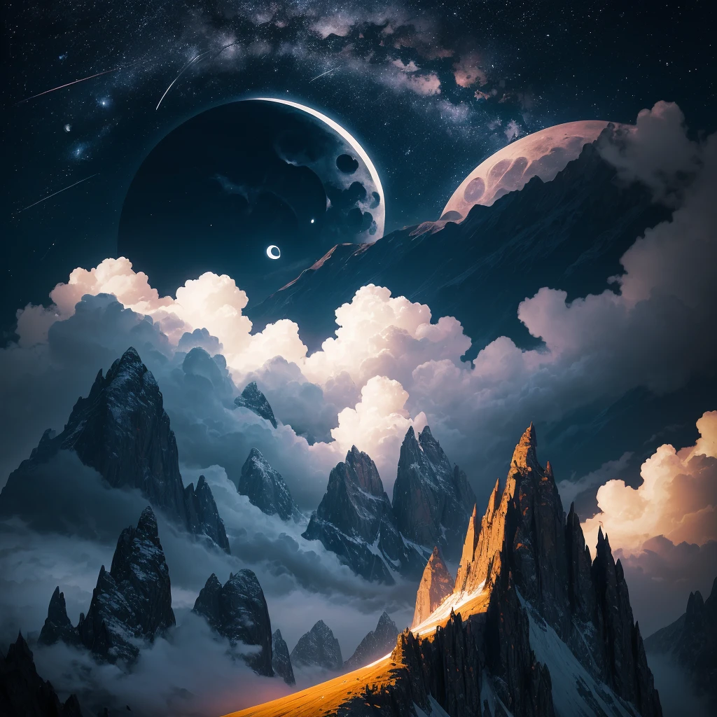a crescent in the sky with clouds and a mountain in the background, a matte painting by Muggur, flickr, hurufiyya, moonlit night dreamy atmosphere, beautiful moonlight night, moonlit night sky, beautiful moonlight, moonlit backdrop, beautiful moon light, moonlit night, crescent moon in background, moonlit nightscape, night sky with moon