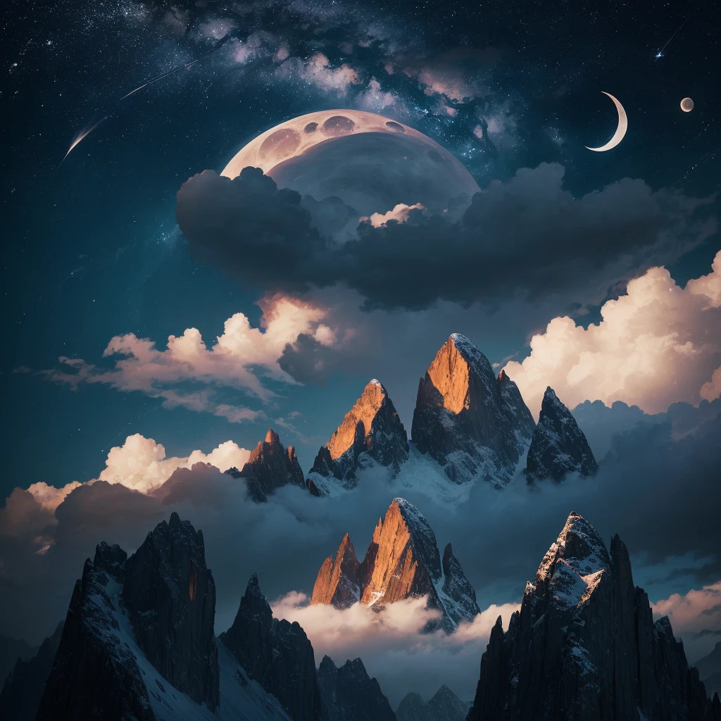 a crescent in the sky with clouds and a mountain in the background, a matte painting by Muggur, flickr, hurufiyya, moonlit night dreamy atmosphere, beautiful moonlight night, moonlit night sky, beautiful moonlight, moonlit backdrop, beautiful moon light, moonlit night, crescent moon in background, moonlit nightscape, night sky with moon