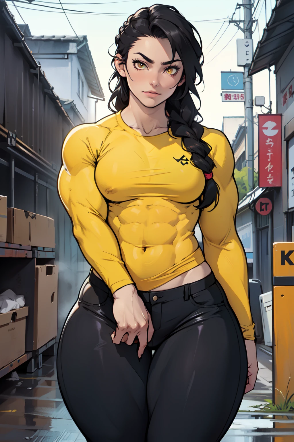 girl ((((muscular 1girl)))) ((((thick thighs toned body)))) (pale skin) black hair yellow eyes very long hair long sleeve tight t-shirt tight pants (french braid) breasts
