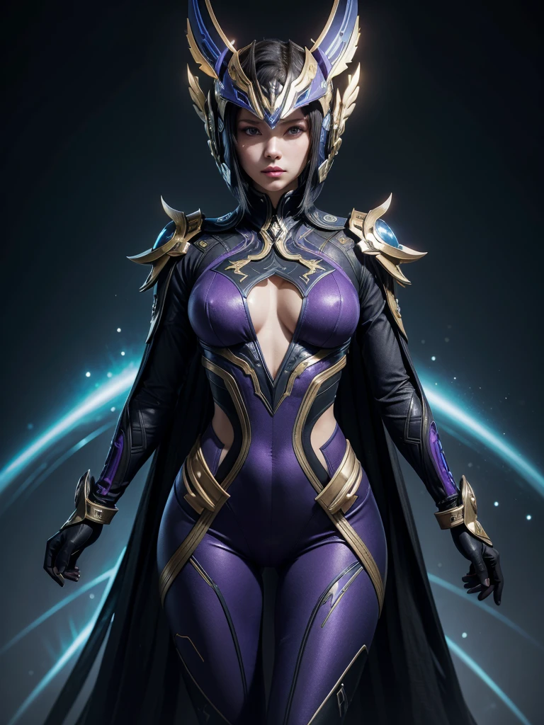 Lotus, a central figure in Warframe, wears a sleek, futuristic outfit, predominantly purple with blue and gold accents. Her look includes a long kimono with intricate patterns, a smooth, streamlined helmet/mask that covers her entire head and glows blue, as well as various decorative and technological accessories. These elements highlight his authority, mystery and connection to high technology, creating a majestic and intimidating figure.