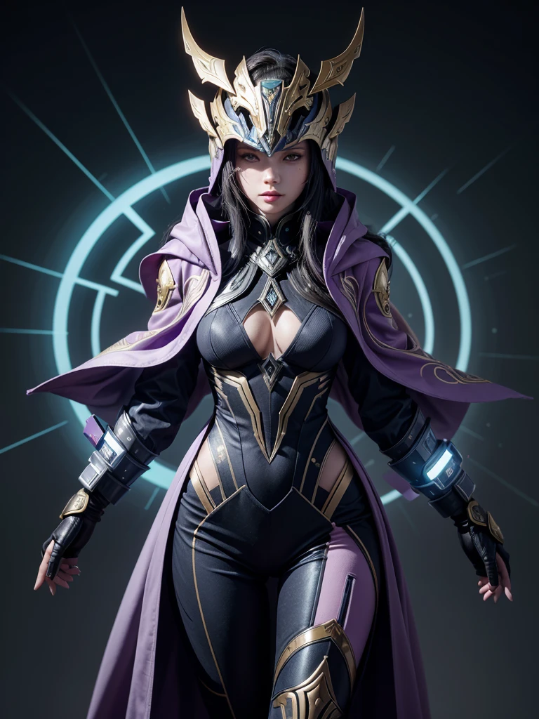 Lotus, a central figure in Warframe, wears a sleek, futuristic outfit, predominantly purple with blue and gold accents. Her look includes a long kimono with intricate patterns, a smooth, streamlined helmet/mask that covers her entire head and glows blue, as well as various decorative and technological accessories. These elements highlight his authority, mystery and connection to high technology, creating a majestic and intimidating figure.