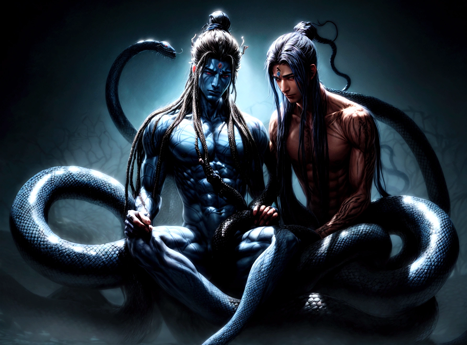 Blue skin，dreadlock hair，black snake on neck,  male Lord Shiva ，slender，body surrounded by dark blue ocean and large very big snake nagraj in that looking in camera 