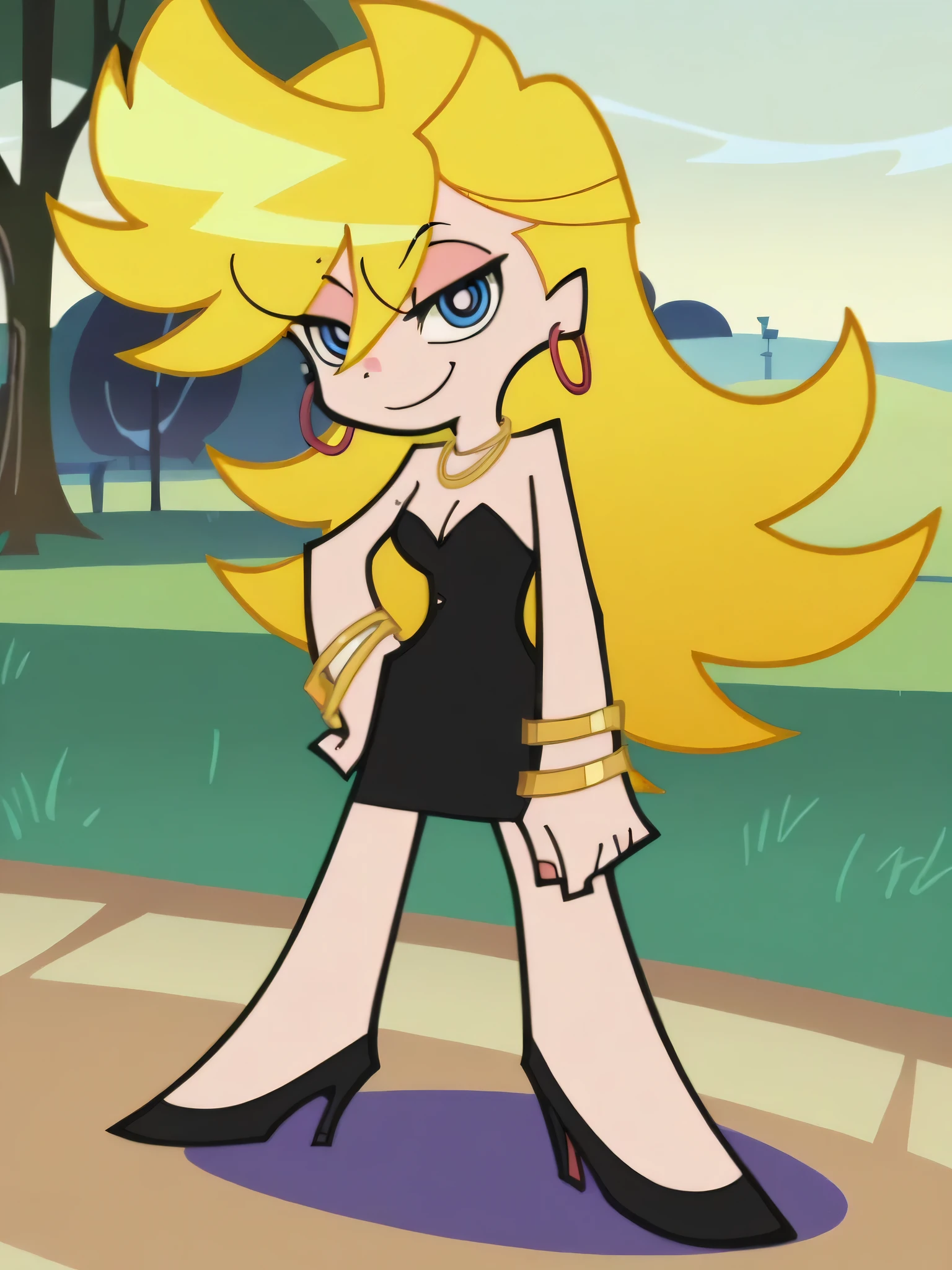 p&s style, rating_safe, score_10, sharp, anime screencap, flat shadows, flat colors, panty, blonde hair, medium breast, standing up, hoop earrings, cleavage, seductive smile, blond hair, blue eyes, strapless, black sweetheart dress, black pencil skirt, gold bracelet, black high heels, left hand on own hip, park, right arm at side, cowboy shot, looking at viewer,