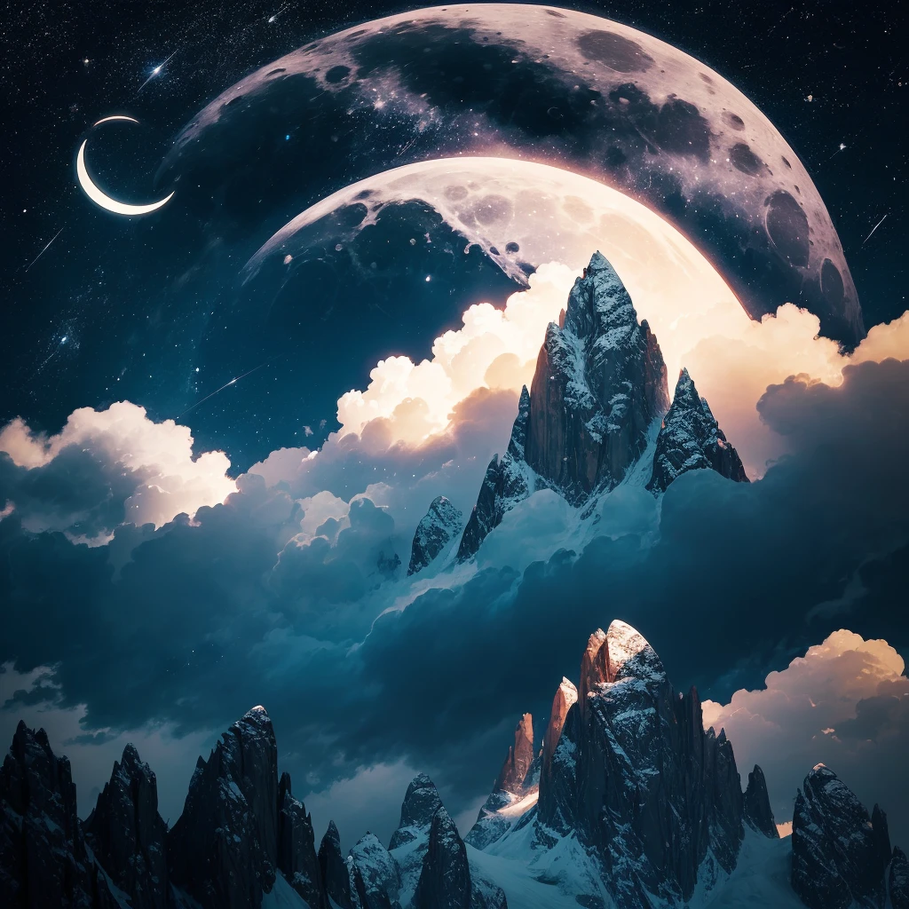 a crescent in the sky with clouds and a mountain in the background, moonlit night dreamy atmosphere, beautiful moonlight night, moonlit night sky, beautiful moonlight, moonlit backdrop, beautiful moon light, moonlit night, crescent moon in background, moonlit nightscape, night sky with moon, nighttime moonlit, moonlit sky, ✨🕌🌙