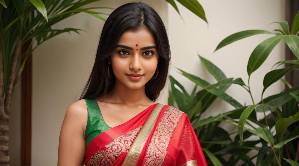 an hot and beautiful saree wearing smart girl, her face is very bright and smart expression