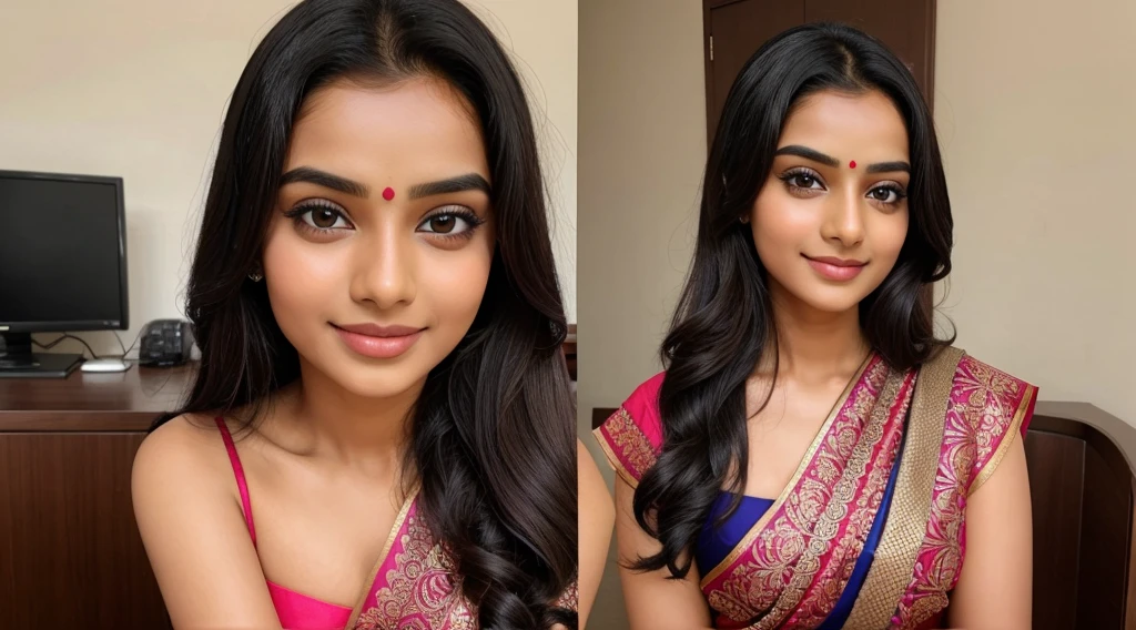 an hot and beautiful saree wearing smart girl, her face is very bright and smart expression