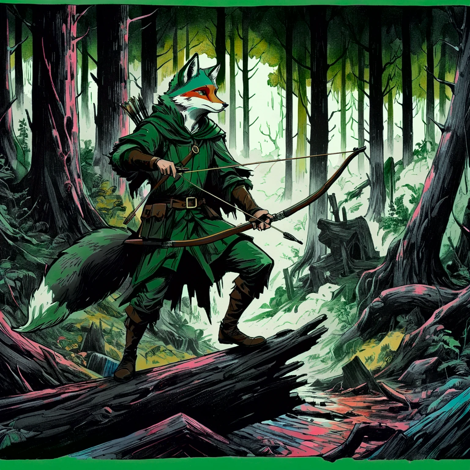 fox robin hood, Archer, animated, hand drawn, rotoscope, cinematic, expressive, ink style figure, apocalyptic russian dense forest, VHS, glitch, distorted, nostalgia, 90's retro vibes, analog tape, vcr aesthetics, tv, television, hand drawn, (full roygbiv color) ink charcoal expressive illustration, no light source, darkness, light mask uv rays across face, splash page