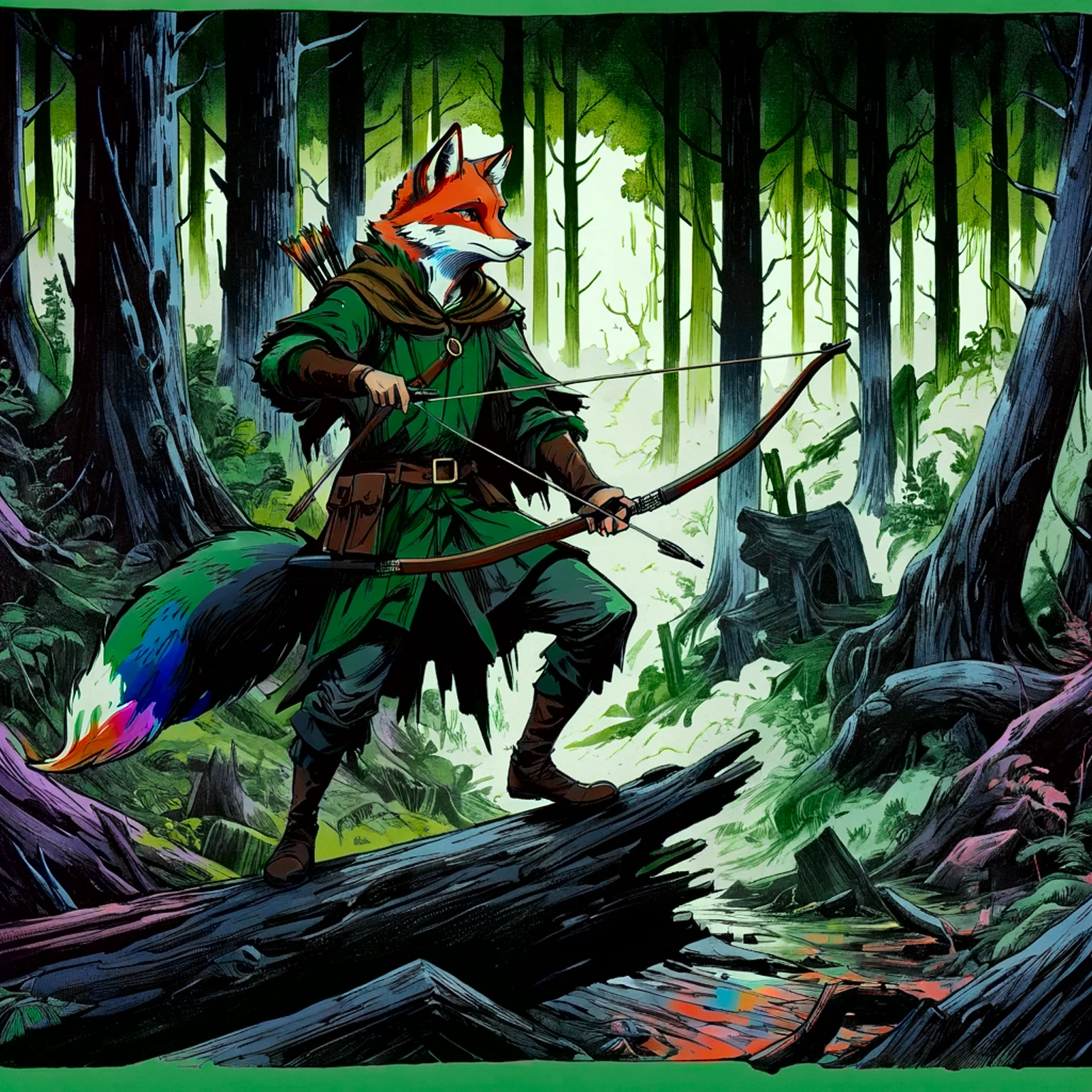 fox robin hood, Archer, animated, hand drawn, rotoscope, cinematic, expressive, ink style figure, apocalyptic russian dense forest, VHS, glitch, distorted, nostalgia, 90's retro vibes, analog tape, vcr aesthetics, tv, television, hand drawn, (full roygbiv color) ink charcoal expressive illustration, no light source, darkness, light mask uv rays across face, splash page