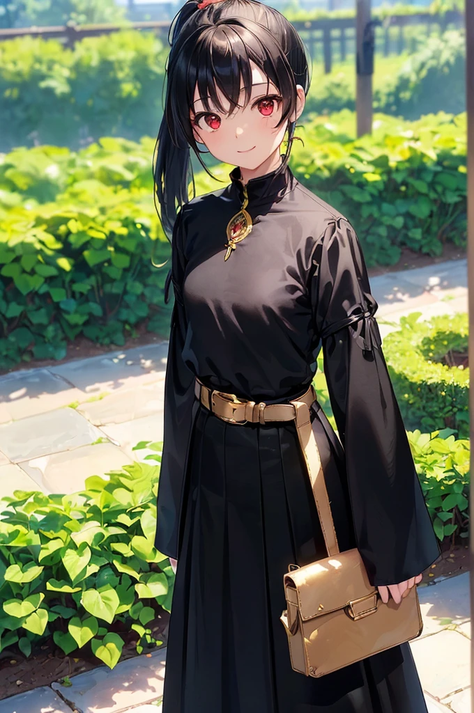 (masterpiece; best quality: 1.2), (finely detailed eyes: 1.3), ((10 year old female kid)), ((solo)), (red eyes: 1.4), (body; short, slender, small breasts: 1.3), (black hair in ponytail: 1.3), (beautiful and clear background: 1.2), ((depth of field)), (clothes: wanderer mage attire + white-and-gold wide-sleeve high-neck shirt + long black skirt + belts + traveler pouches and satchel: 1.3), (anime illustration: 1.2), (background; garden exterior: 1.1), (extremely fine and beautiful: 1.1), (shot composition; standing + centered on torso + close-up: 1.5), (expression; calm, smile: 1.2)