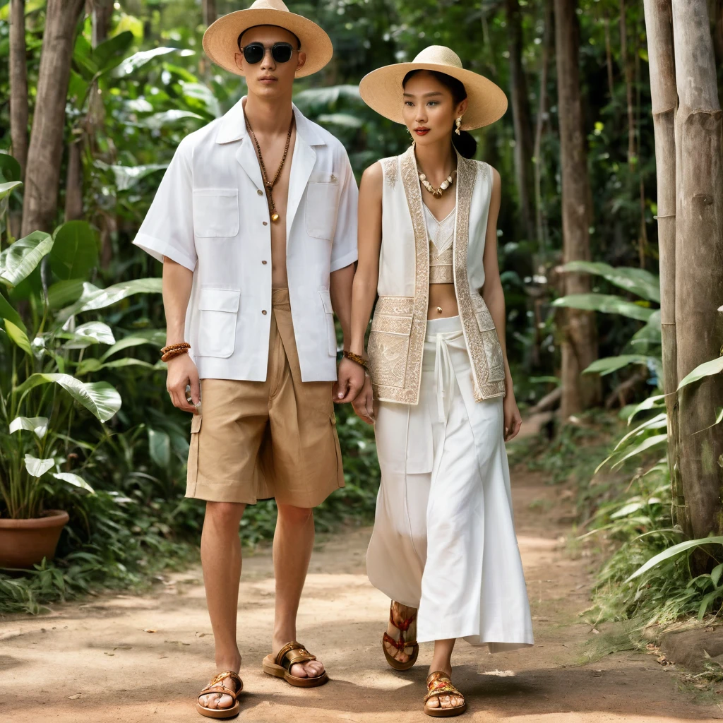 In a picturesque Chiang Mai setting, a young man and woman, both aged 18-25, showcase fashion outfits inspired by local culture and nature, all in elegant white. The man wears an oversized short-sleeved bowling shirt with subtle Lanna patterns and nature motifs, paired with relaxed-fit organic cotton or linen shorts, and a beige utility jacket with embroidered Lanna details. He completes his look with white leather-strap flip-flops, wooden-framed sunglasses, and a woven bracelet.
The woman complements him in a white maxi dress with Lanna-inspired floral and geometric motifs, a waist tie detail, and a sleeveless silk crop top underneath. Her ensemble includes an A-line skirt with wooden button details and a waist tie. She accessorizes with a wide-brimmed straw hat, beaded-strap sandals, and a necklace with a Lanna symbol pendant.
Standing amidst lush greenery and traditional Thai architecture, their white outfits contrast beautifully with the vibrant surroundings, blending contemporary style with cultural motifs and natural elements, celebrating the essence of Chiang Mai.