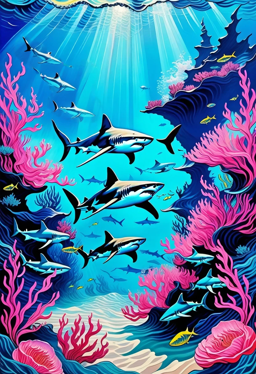 Deep blue fantasy landscape, Van Gogh style, Lots of fierce sharks,Underwater swimming effect, Clear focus, Pink background,