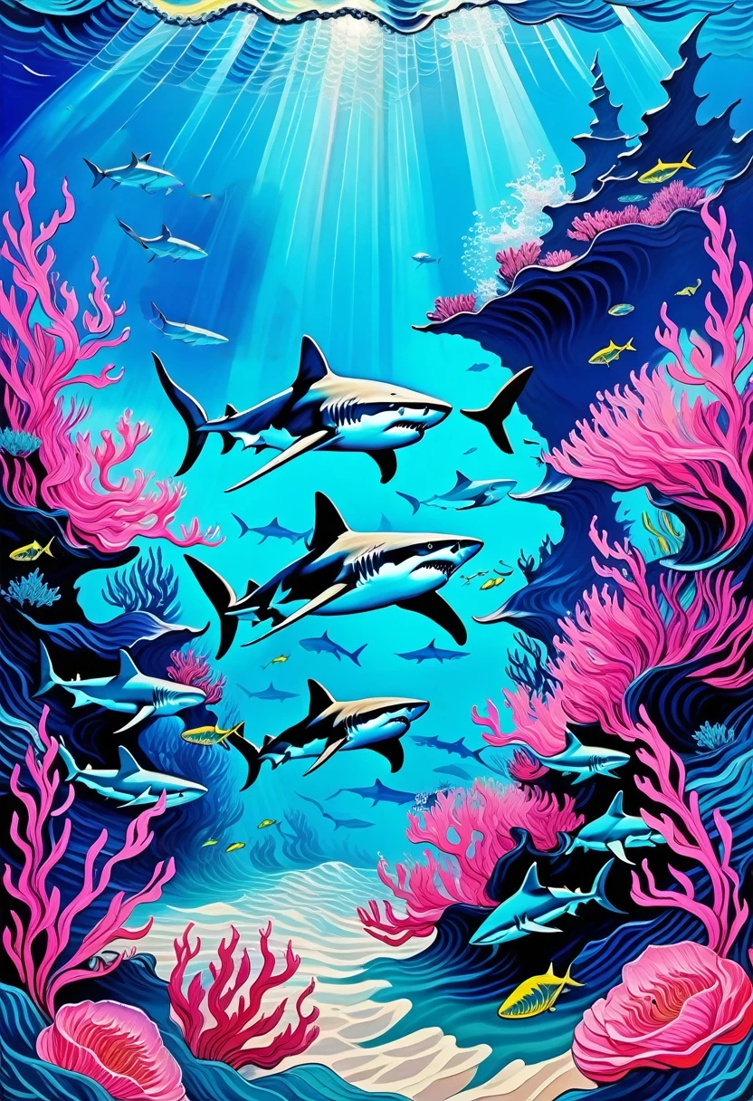 Deep blue fantasy landscape, Van Gogh style, Lots of fierce sharks,Underwater swimming effect, Clear focus, Pink background,