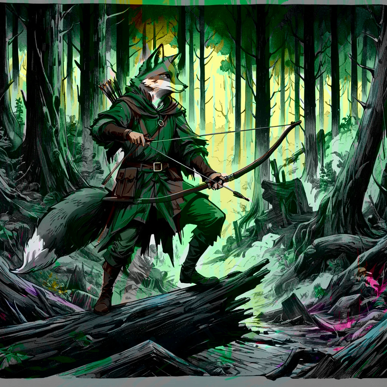 fox robin hood, Archer, animated, hand drawn, rotoscope, cinematic, expressive, ink style figure, apocalyptic russian dense forest, VHS, glitch, distorted, nostalgia, 90's retro vibes, analog tape, vcr aesthetics, tv, television, hand drawn, (full roygbiv color) ink charcoal expressive illustration, no light source, darkness, light mask uv rays across face, splash page