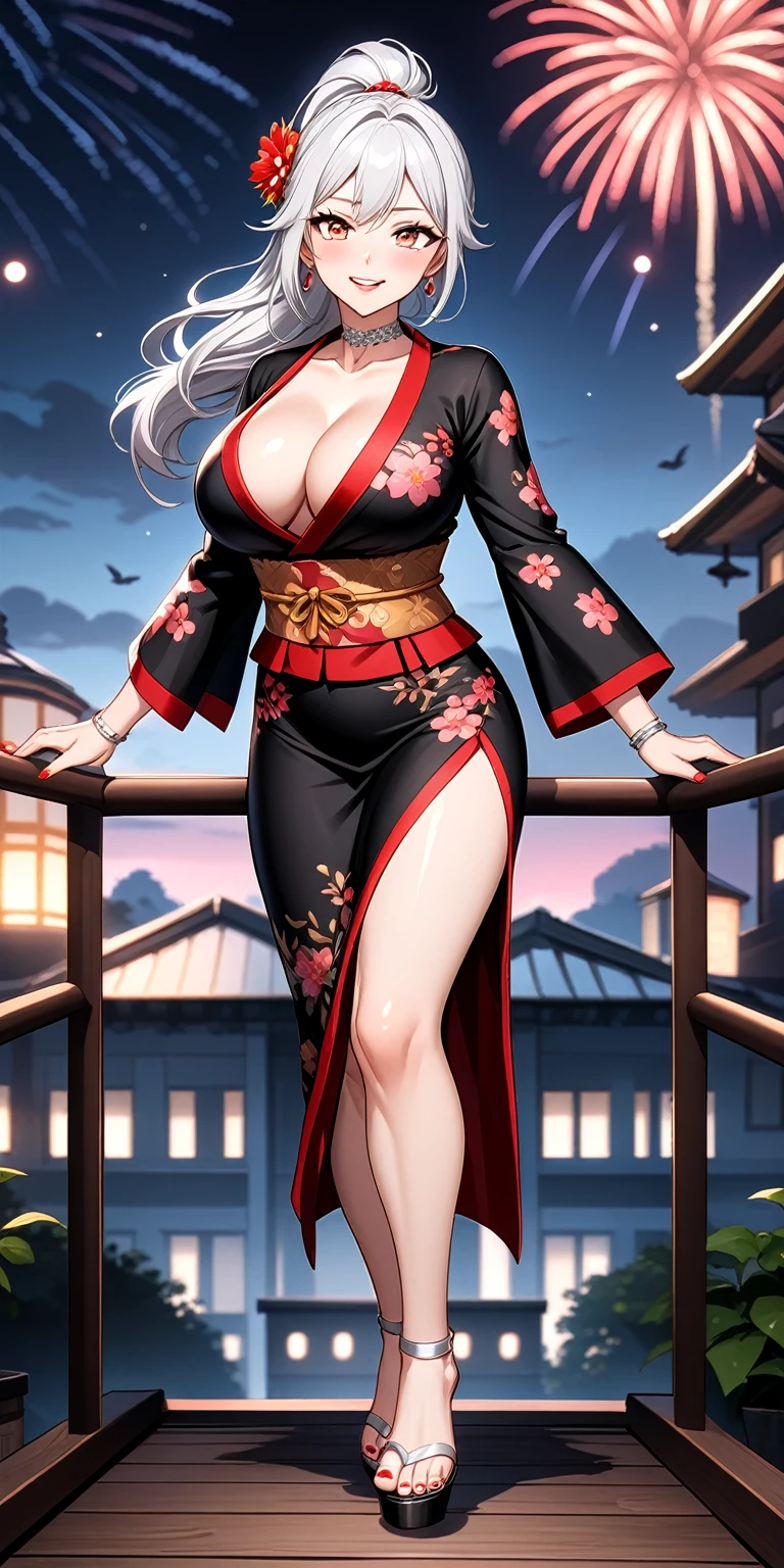 ((One personの女性)), Beautiful Face, full body, (Laughing embarrassedly), (laugh:1.2),((Wink:1.7)), (head tilt:1.3), Laugh with your mouth wide open, upper teeth, looking down at viewer, ((Bright red cheeks:1.4)),Glossy Red Lips,night, Observatory, firework, Shining Face, game cg, ((Anime style background)),masterpiece, Highest quality, so beautiful,up to date, Complex details, (Pink long nails),(ring),(bracelet),(Floral choker),AI-generated, Complex,High resolution, Highest quality, super high quality,3D Images、3D Images,One person,Long white hair,High Ponytail, Anime woman posing for a photo,(blue eyes), ((Fine grain、Silvery white, lightly pigmented eyes、Shining Eyes:1.3)), (Squint your eyes:1.1), a hyperRealistic , hyperRealistic , Realistic,Anime woman with long white hair, Smooth anime CG art, A woman in a colorful kimono with gold embroidery, (Black long sleeve kimono),Red floral pattern,(black stiletto sandals), Long flower hair ornament,Earrings,Mature Body,(Big Breasts:1.1),Tall,Abdominal muscles,Tight waist, ((pigeon toed:1.4)), (front view),
