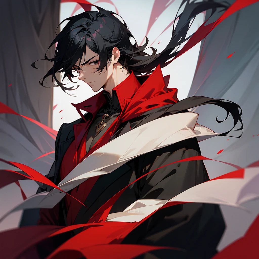 A male with medium-length black hair (Short Ponytail), blood-red eyes, slightly pale skin, a slender figure, an evil expression (the corners of his mouth are raised), the prisoner in black and white stripes