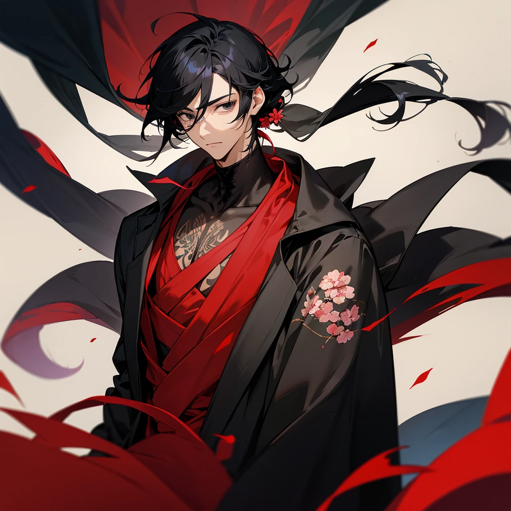 anime characters, a handsome man, black hair, wearing black and red clothes, has a flower tattoo on his neck, calm face, black eyes, wearing a necklacle, curtain style hair