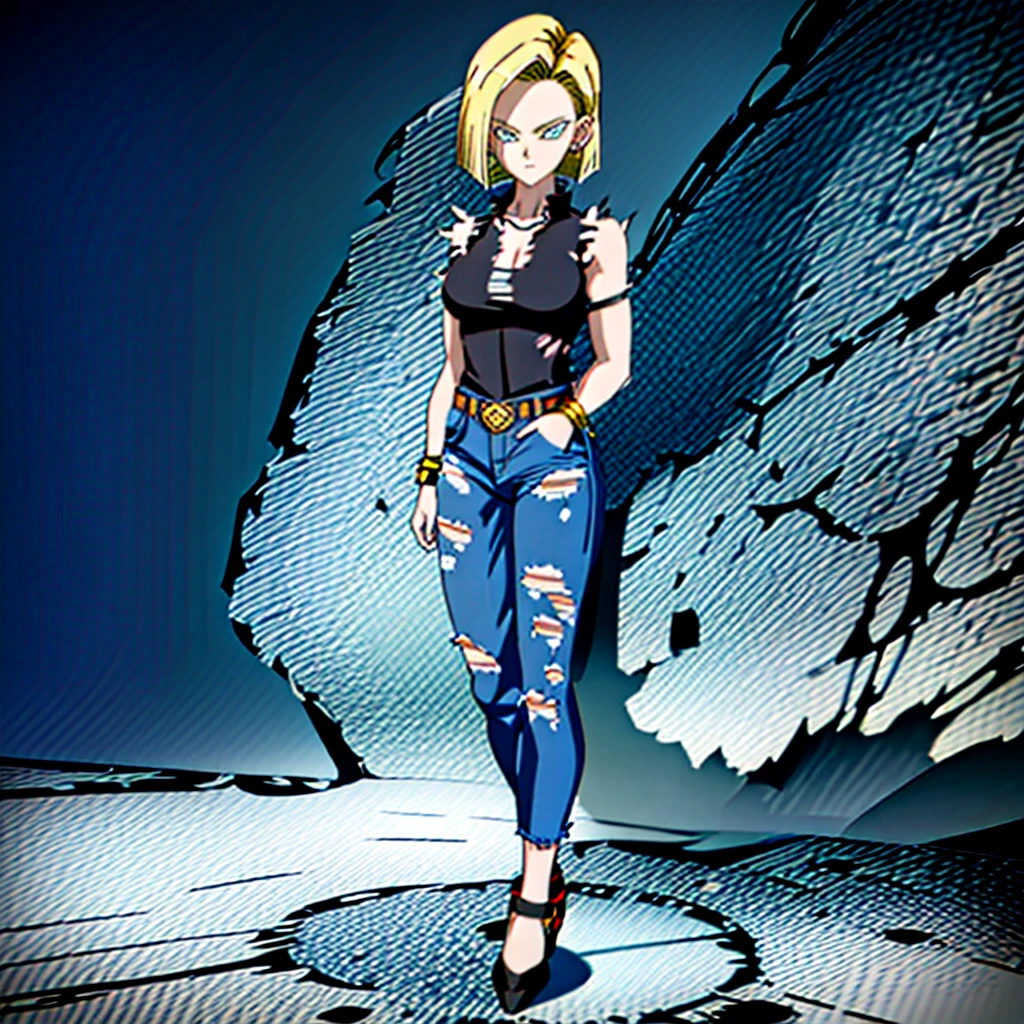 best quality, high definition, and18, 1girl, Android 18, solo, blonde hair, blue eyes, belt, jeans, pearl_necklace, bracelet, naked, short hair, short sleeves, earrings, blue pants, open vest, black vest, big breasts, wide hips, ass, legs apart, city, (torn clothes: 1.5), erotica, standing, expressionless,