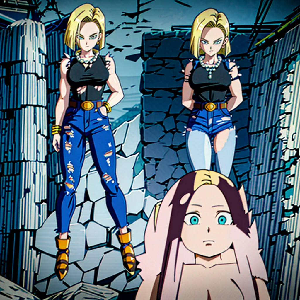 best quality, high definition, and18, 1girl, Android 18, solo, blonde hair, blue eyes, belt, jeans, pearl_necklace, bracelet, naked, short hair, short sleeves, earrings, blue pants, open vest, black vest, big breasts, wide hips, ass, legs apart, city, (torn clothes: 1.5), erotica, standing, expressionless,