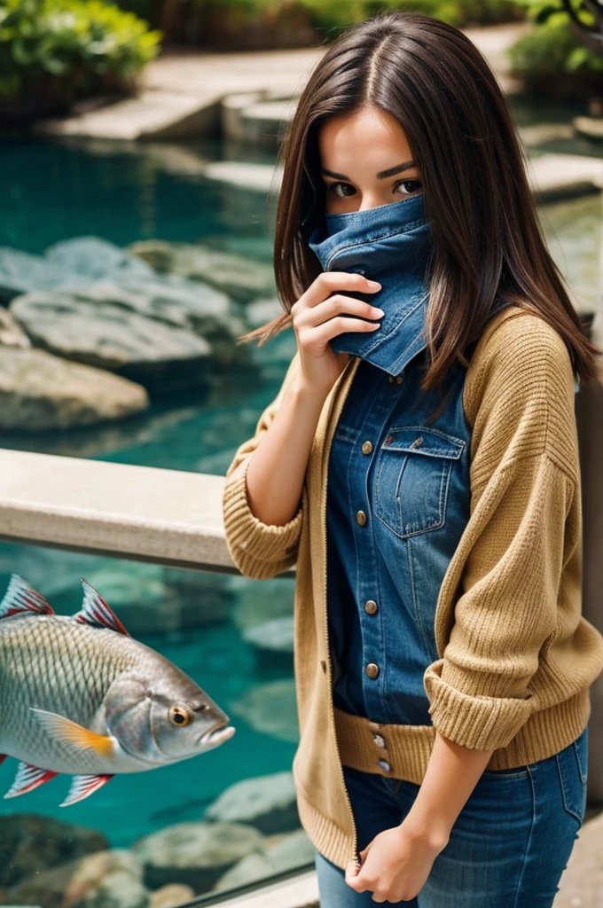 Very beautiful brunette woman is taking a photo with her cell phone in front of a fish,covers his face,He has short hair and short, passionate clothes.