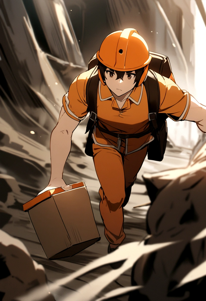 The boy wore an orange helmet with yellow trim, brown eyes, an orange polo shirt with white trim, a black backpack, and was carrying a small box.