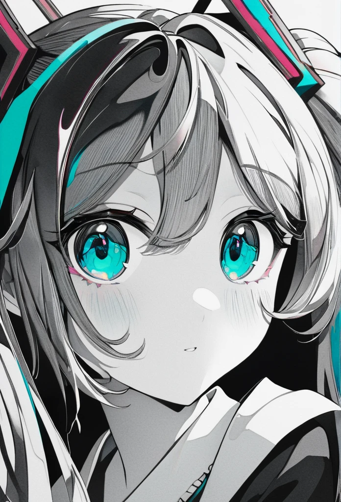 monochrome Tiffany Blue, Paper Cutouts, best quality, super fine, 16k, incredibly absurdres, extremely detailed, delicate and dynamic, fusion of watercolors and oil paintings, mix of monochrome and color, cute girl portrait, three-dimensional effect expressed by light and shade, eye-catching effects, contemporary art, Hatsune Miku,