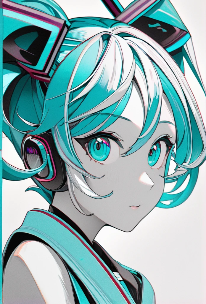 monochrome Tiffany Blue, Paper Cutouts, best quality, super fine, 16k, incredibly absurdres, extremely detailed, delicate and dynamic, fusion of watercolors and oil paintings, mix of monochrome and color, cute girl portrait, three-dimensional effect expressed by light and shade, eye-catching effects, contemporary art, Hatsune Miku,