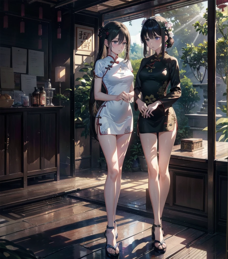absurdres, RAW photo, extremely delicate and beautiful, masterpiece, Best Quality, ultra high resolution, 32k, hyperrealistic, ultra-detailed, Very detailed CG 8k wallpaper, Beautiful Lighting, Perfect Lightning, Realistic Shadows, perfect anatomy, super Detailed skin, perfect figure, Japanese woman, late 20s, very Slim body, narrow waist, very small head, handsome detailed woman, very detailed eyes and face, realistic face proportions, Stunning detailed eyes, Realistic beautiful face, very small face, Realistic small beautiful eyes, tearful mole, earring, beautiful and very thin legs, beautiful and very thin thighs, very huge round breasts, medium hair, black hair, (full body shot), (2girls:1.5), (yuri:1.5), (cheongsam:1.5),