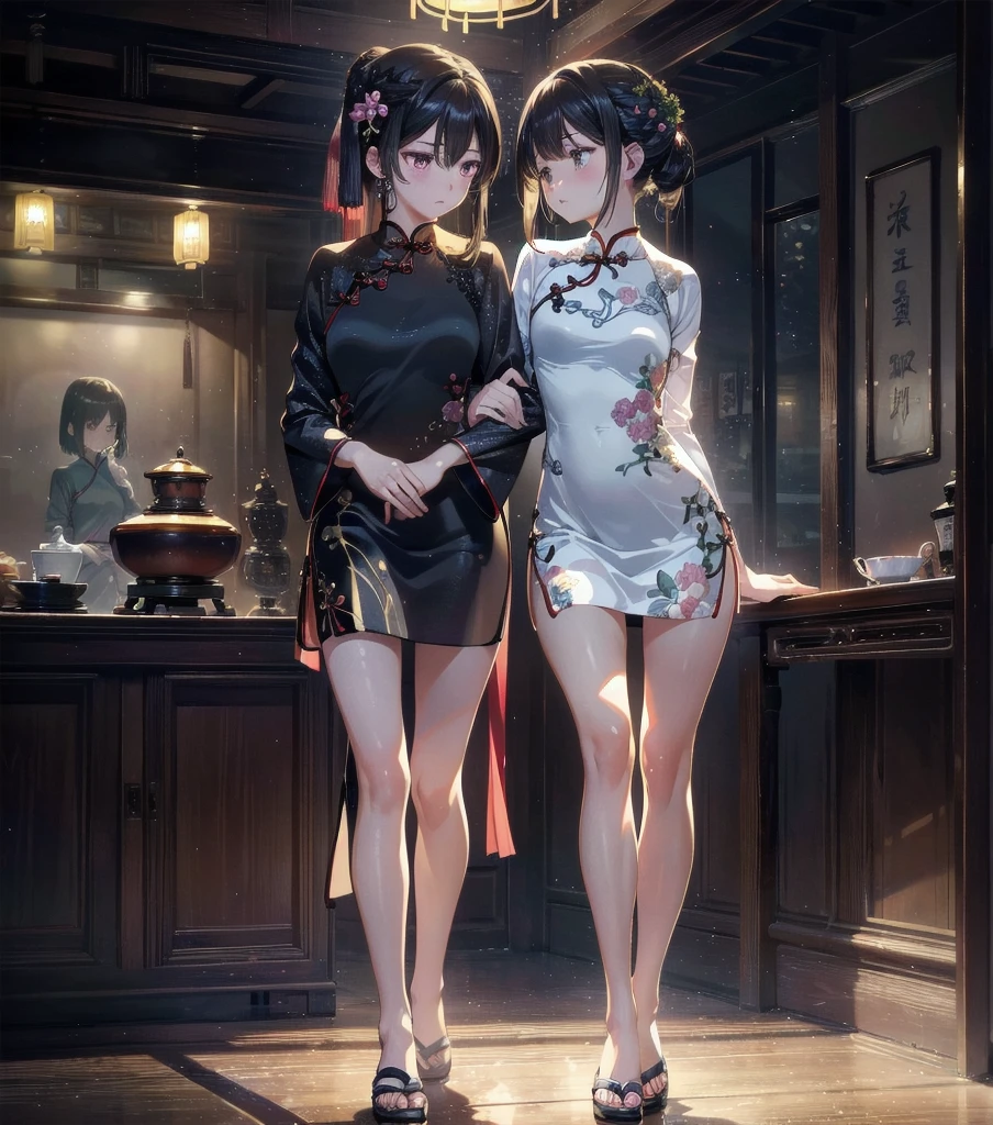 absurdres, RAW photo, extremely delicate and beautiful, masterpiece, Best Quality, ultra high resolution, 32k, hyperrealistic, ultra-detailed, Very detailed CG 8k wallpaper, Beautiful Lighting, Perfect Lightning, Realistic Shadows, perfect anatomy, super Detailed skin, perfect figure, Japanese woman, late 20s, very Slim body, narrow waist, very small head, handsome detailed woman, very detailed eyes and face, realistic face proportions, Stunning detailed eyes, Realistic beautiful face, very small face, Realistic small beautiful eyes, tearful mole, earring, beautiful and very thin legs, beautiful and very thin thighs, very huge round breasts, medium hair, black hair, (full body shot), (2girls:1.5), (yuri:1.5), (cheongsam:1.5),
