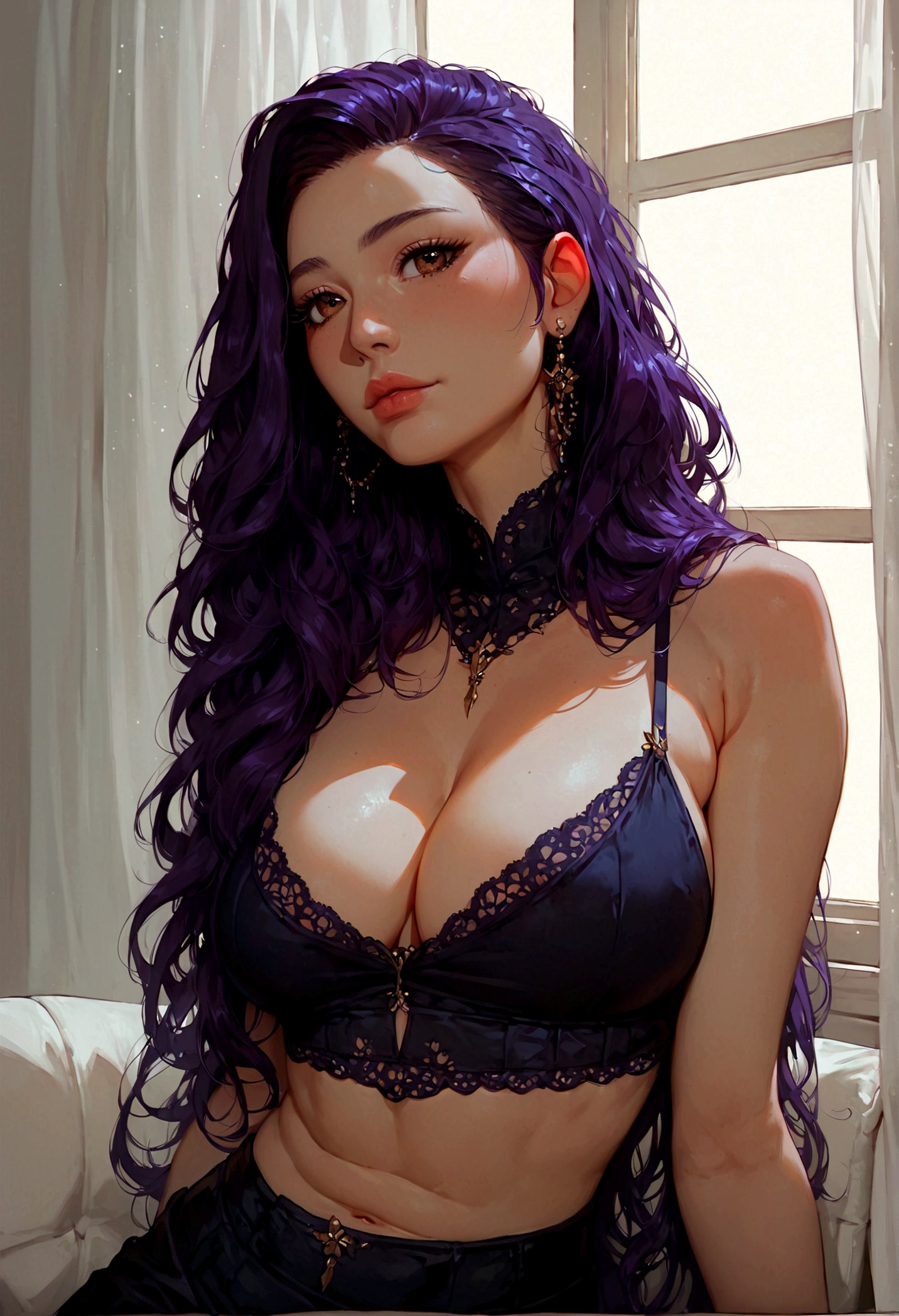 score_9, score_8_up, score_7_up, score_6_up, 1girl, violet hair, brown eyes, beautiful girl, cute girl, kawai girl, cute face, straight hair, long hair, big breasts, crop top over breasts, standing, blue cheek, detailed, rebellious girl, intricate details, sexy , high quality, sitting, in front of the tv, Masterpiece