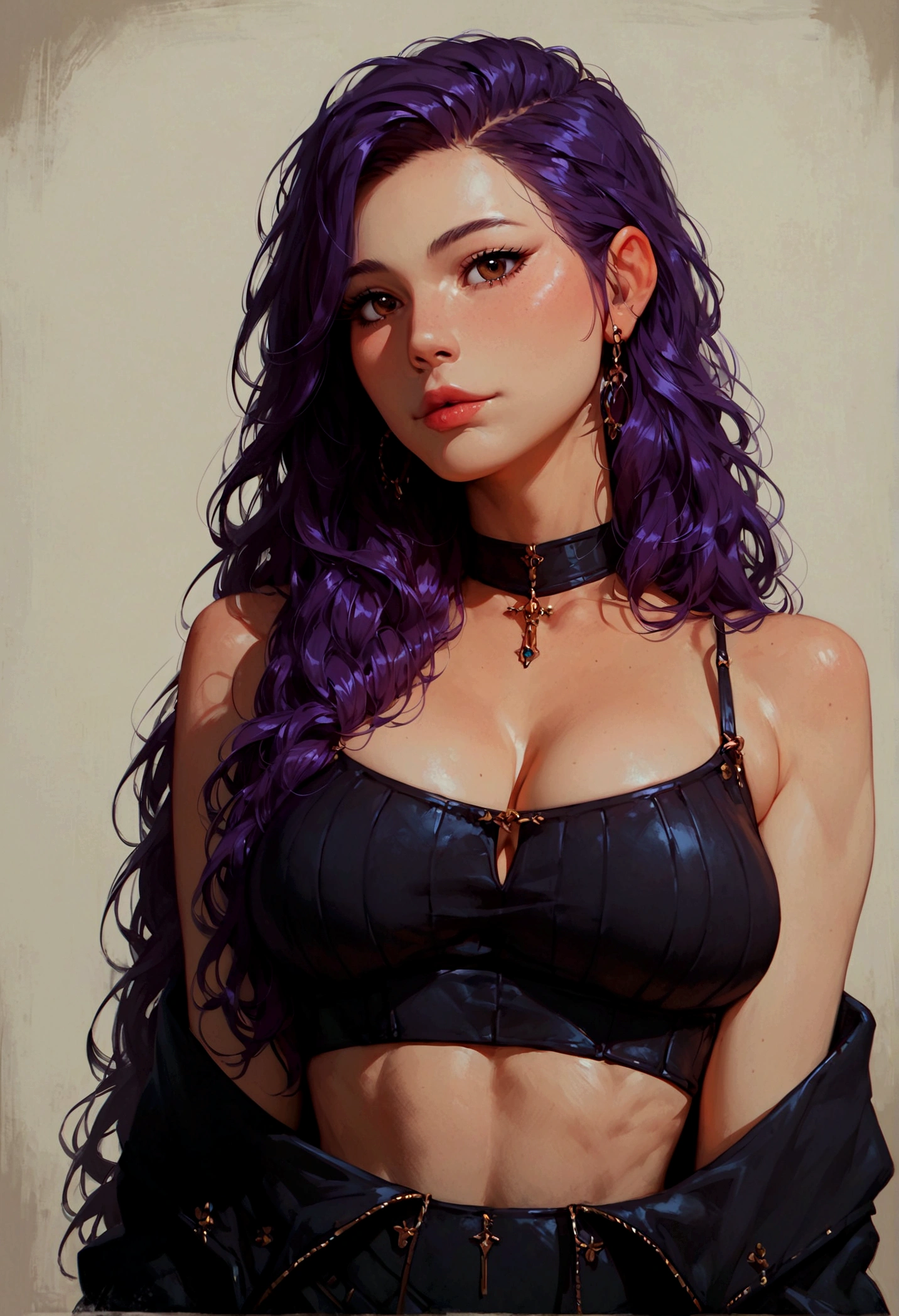 score_9, score_8_up, score_7_up, score_6_up, 1girl, violet hair, brown eyes, beautiful girl, cute girl, kawai girl, cute face, straight hair, long hair, big breasts, crop top over breasts, standing, blue cheek, detailed, rebellious girl, intricate details, sexy , high quality, sitting, in front of the tv, Masterpiece