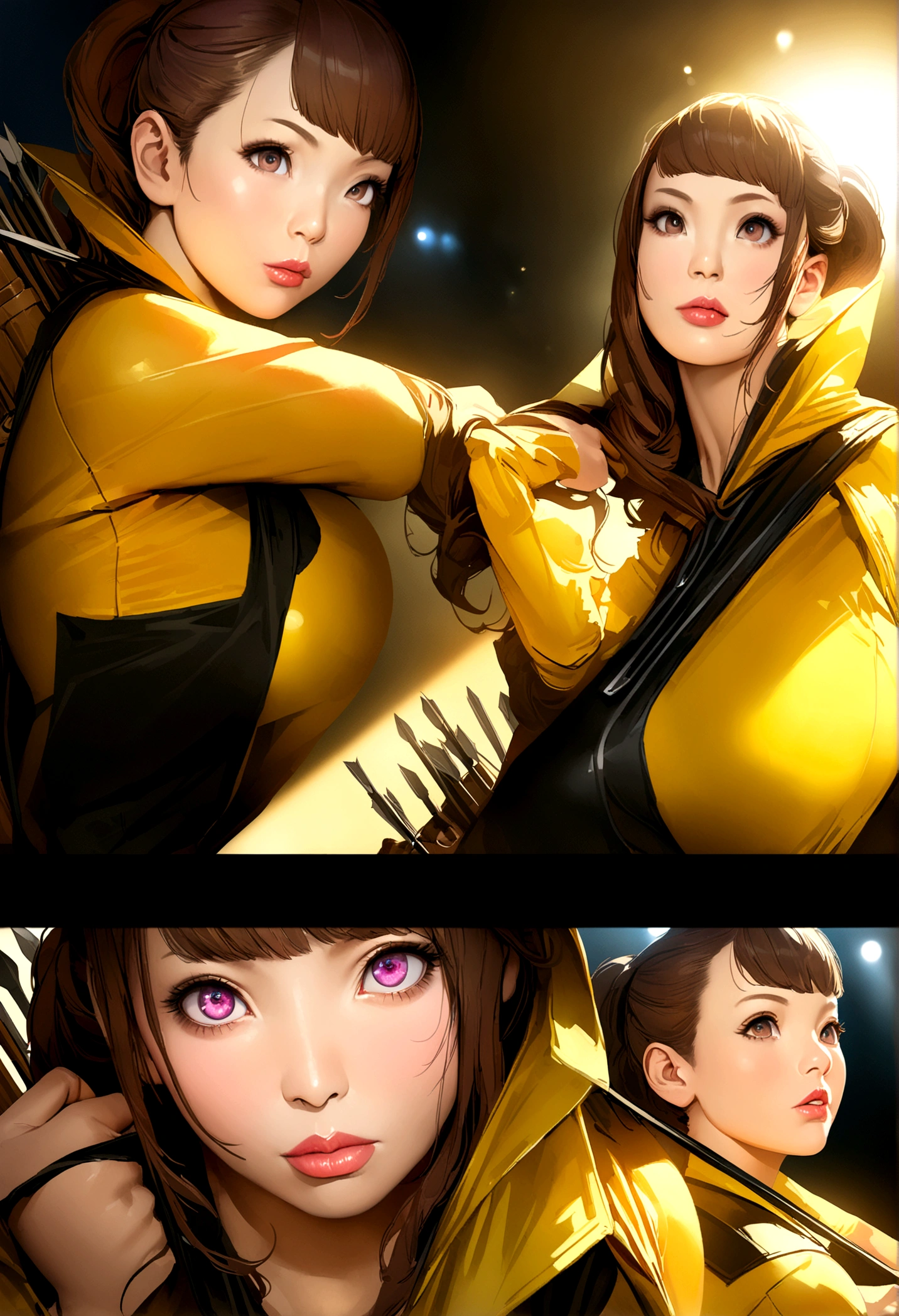 A cute woman, Hitomi Tanaka, in Hawkeye costume, bow slung, quiver full of arrows, striking cool poses at Comic Con, detailed face, beautiful eyes, lips, long eyelashes, illustration, digital painting, 8K, hyper realistic, cinematic lighting, vibrant colors, dynamic composition, award-winning concept art