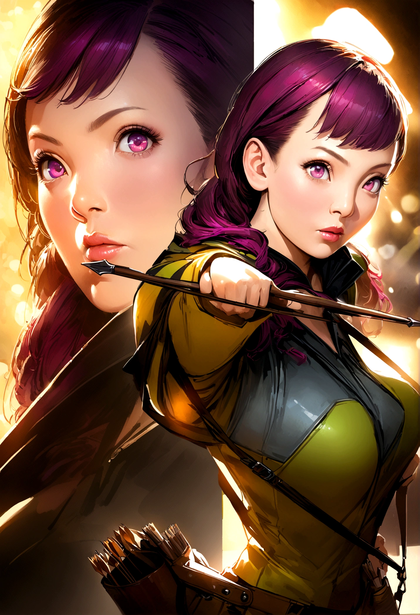 A cute woman, Hitomi Tanaka, in Hawkeye costume, bow slung, quiver full of arrows, striking cool poses at Comic Con, detailed face, beautiful eyes, lips, long eyelashes, illustration, digital painting, 8K, hyper realistic, cinematic lighting, vibrant colors, dynamic composition, award-winning concept art