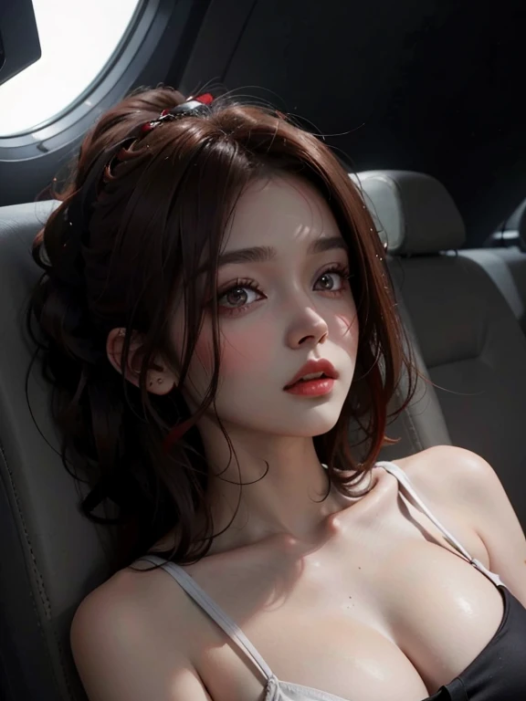 Reddish brown hair,Long curly hair,High Ponytail,Red headdress,Red Eyess,Red Eyes,Red pupil,Exquisite eyes,Bright Eyes,Eye balance