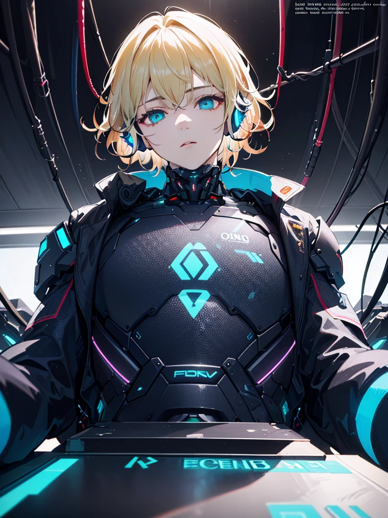 1boy((young,16years old)), handsome young teenage boy, blonde short hair, messy hair, beautiful detailed azure eyes, sexy boy body, is a cyborg, futuristic lab, futuristic headset with english text, cyborg crop top armor ((show abs)), mind control device, futuristic gear installed on head, lying on top of futuristic table, mindcontrol device connected to futuristic technology, head connected to wires, bionic, (best quality,4k,8k,highres,masterpiece:1.2),ultra-detailed,(realistic,photorealistic,photo-realistic:1.37),concept art, sci-fi, vivid colors, studio lighting, physically-based rendering, extreme detail description, sci-fi neon-type lighting, from below, looking at viewer, emotionless expression