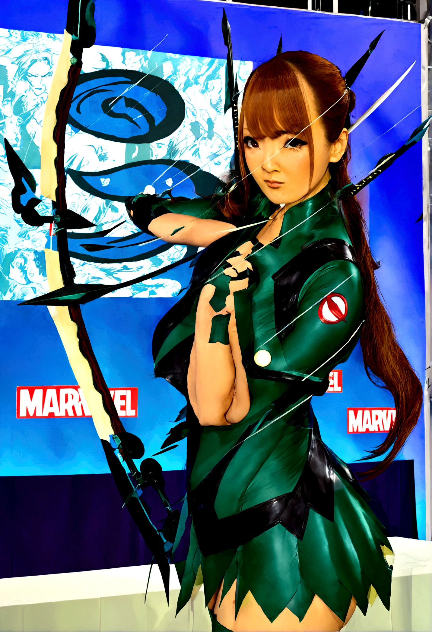 A cute woman (Hitomi Tanaka) is in costume as Marvel's Hawk Eye. she has her bow slung and a quiver full of arrows. Striking cool poses at Comic Con