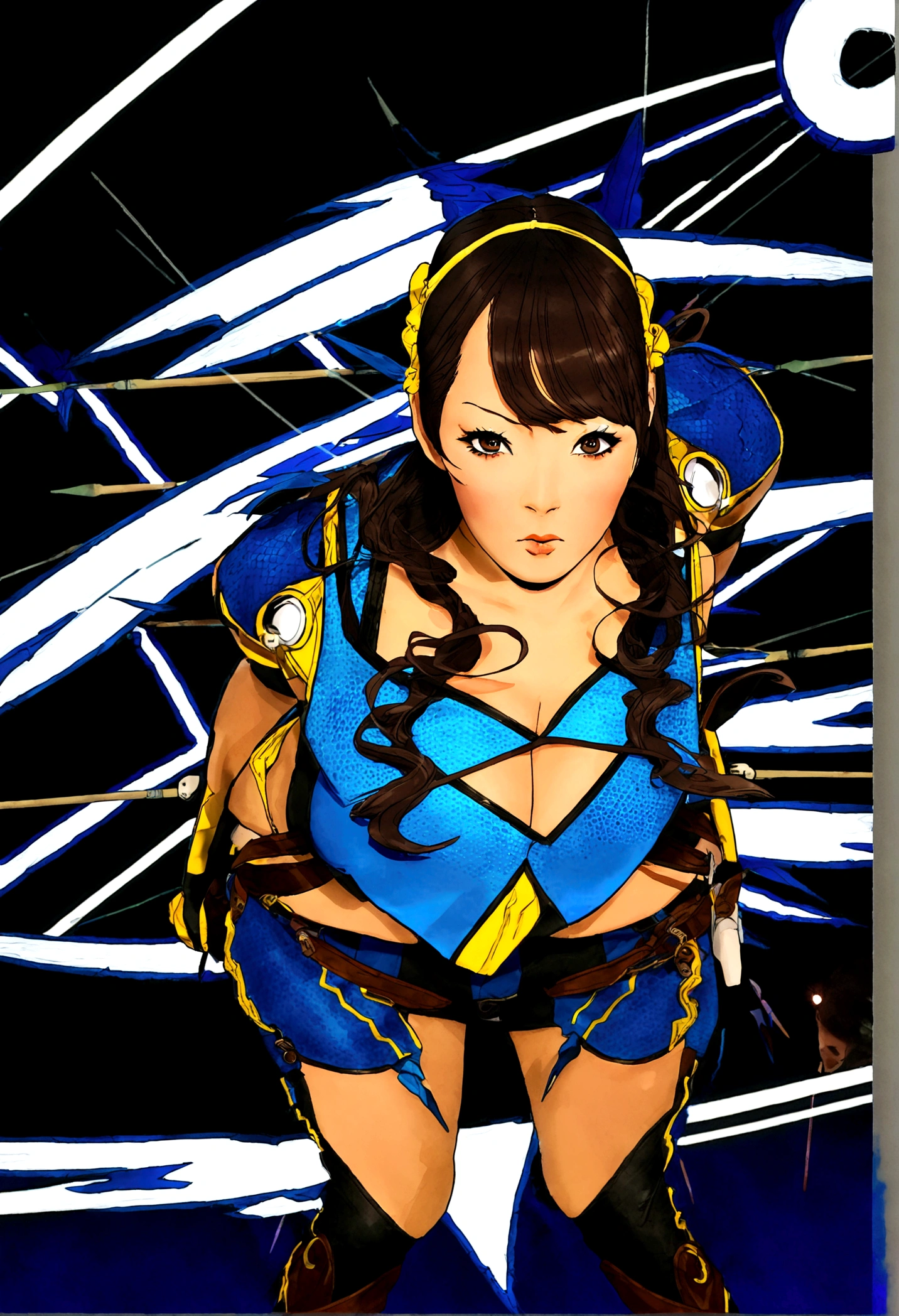 A cute woman (Hitomi Tanaka) is in costume as Marvel's Hawk Eye. she has her bow slung and a quiver full of arrows. Striking cool poses at Comic Con