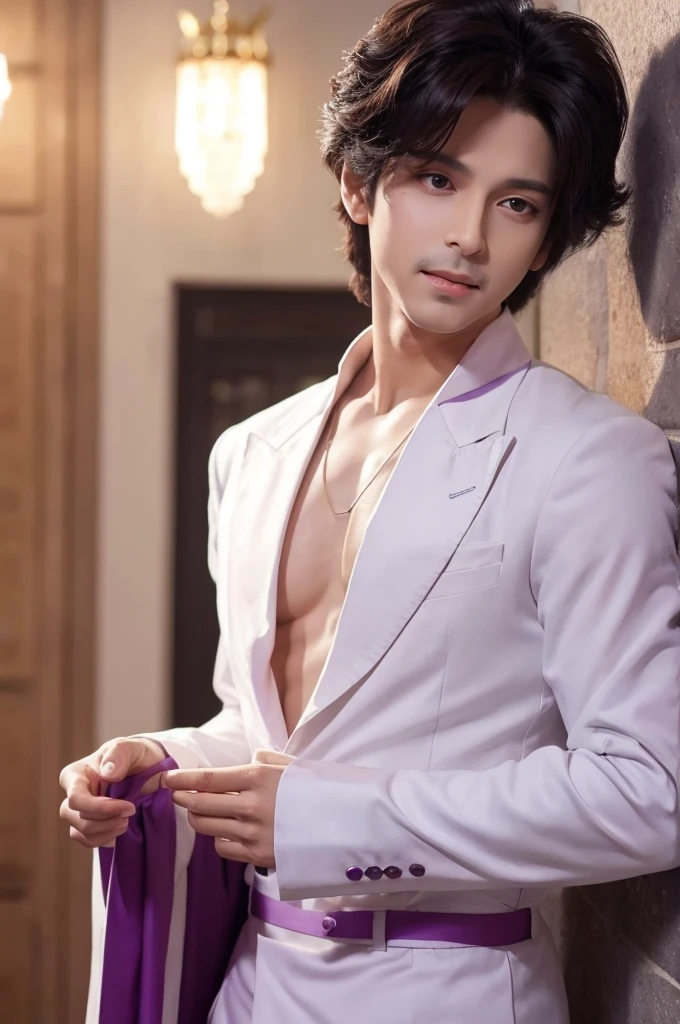 A 35-year-old man，stage，Light silk bathrobe，Thin muscles，Supine，Legs open,The crotch of the silk thong bulges,Male Love，Black medium length hair，Black eyes，hansome，Sexy，wine