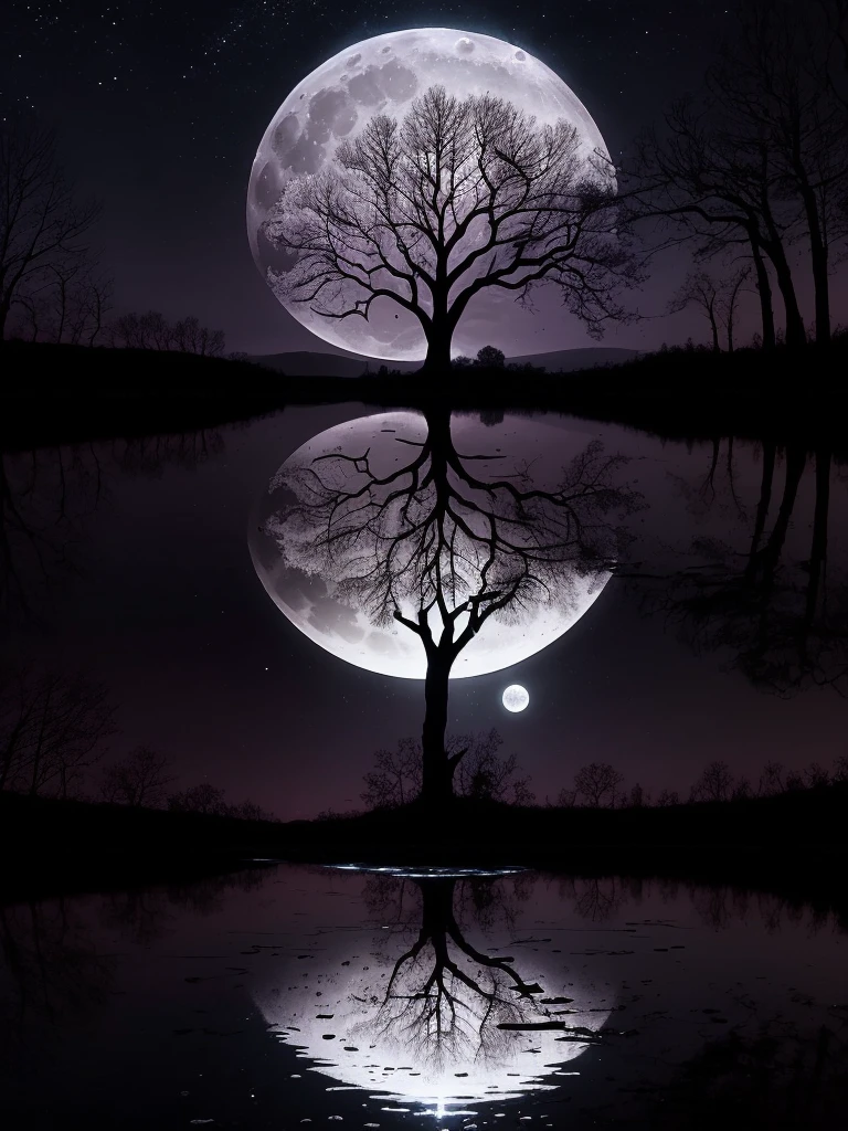 arafed image of a tree in a puddle with a full moon in the background, reflection of the moon, sandy white moon landscape, beautiful image ever created, beautiful!!! digital art, beautiful moonlight, gorgeous composition, by Igor Zenin, moon landscape, inspired by Igor Zenin, surreal scene, beautiful moon light, beautiful art, surreal tears from the moon
