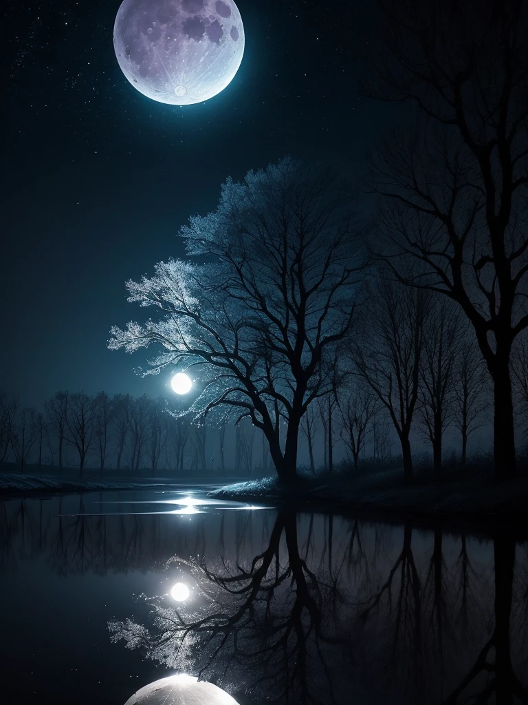 arafed image of a tree in a puddle with a full moon in the background, reflection of the moon, sandy white moon landscape, beautiful image ever created, beautiful!!! digital art, beautiful moonlight, gorgeous composition, by Igor Zenin, moon landscape, inspired by Igor Zenin, surreal scene, beautiful moon light, beautiful art, surreal tears from the moon