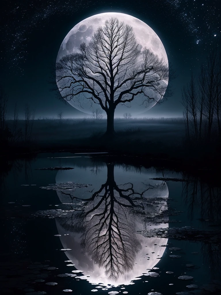 arafed image of a tree in a puddle with a full moon in the background, reflection of the moon, sandy white moon landscape, beautiful image ever created, beautiful!!! digital art, beautiful moonlight, gorgeous composition, by Igor Zenin, moon landscape, inspired by Igor Zenin, surreal scene, beautiful moon light, beautiful art, surreal tears from the moon