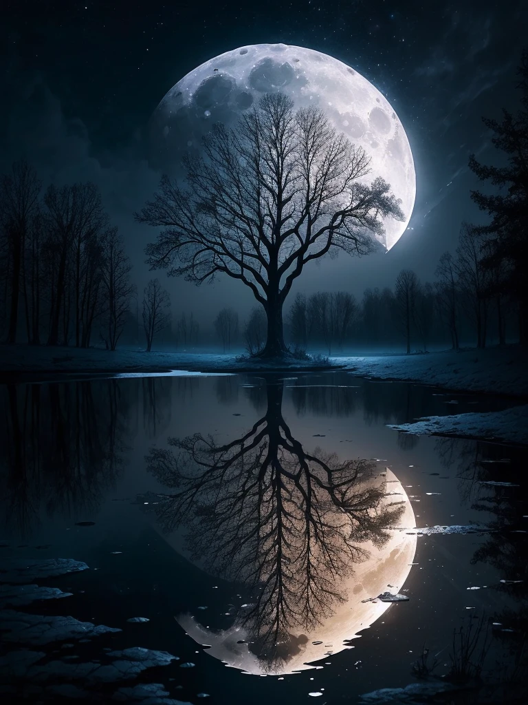 arafed image of a tree in a puddle with a full moon in the background, a photo by Igor Zenin, flickr, fantasy art, reflection of the moon, sandy white moon landscape, beautiful image ever created, beautiful!!! digital art, beautiful moonlight, gorgeous composition, moon landscape, surreal scene, beautiful moon light, amazing composition, beautiful art