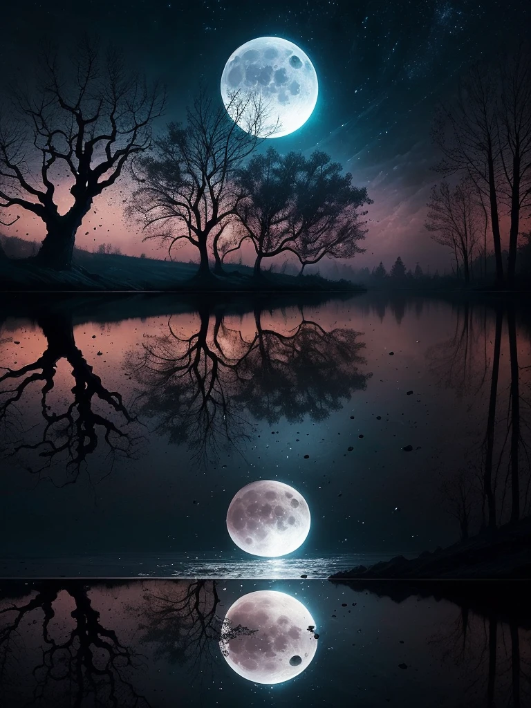 arafed image of a tree in a puddle with a full moon in the background, a photo by Igor Zenin, flickr, fantasy art, reflection of the moon, sandy white moon landscape, beautiful image ever created, beautiful!!! digital art, beautiful moonlight, gorgeous composition, moon landscape, surreal scene, beautiful moon light, amazing composition, beautiful art