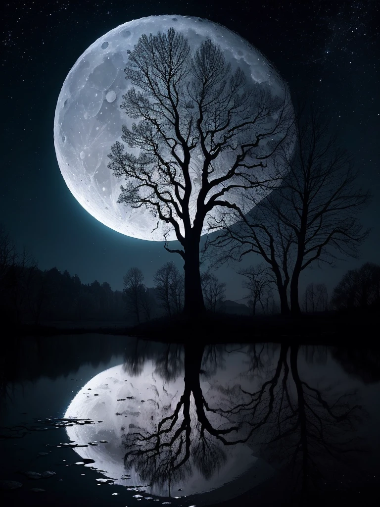 arafed image of a tree in a puddle with a full moon in the background, reflection of the moon, sandy white moon landscape, beautiful image ever created, beautiful!!! digital art, beautiful moonlight, gorgeous composition, by Igor Zenin, moon landscape, inspired by Igor Zenin, surreal scene, beautiful moon light, beautiful art, surreal tears from the moon