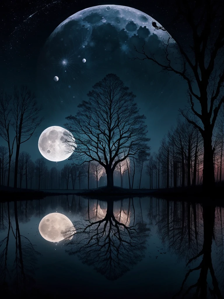 arafed image of a tree in a puddle with a full moon in the background, reflection of the moon, sandy white moon landscape, beautiful image ever created, beautiful!!! digital art, beautiful moonlight, gorgeous composition, by Igor Zenin, moon landscape, inspired by Igor Zenin, surreal scene, beautiful moon light, beautiful art, surreal tears from the moon