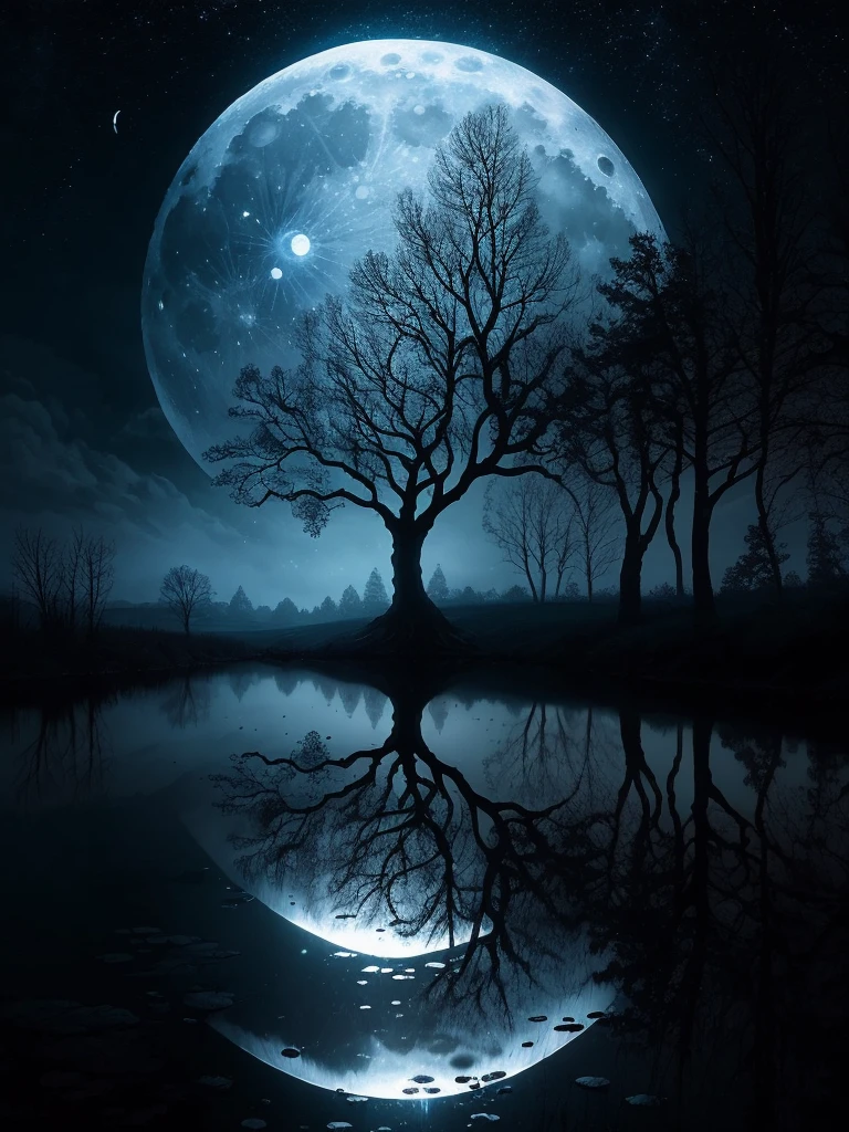 arafed image of a tree in a puddle with a full moon in the background, a photo by Igor Zenin, flickr, fantasy art, reflection of the moon, sandy white moon landscape, beautiful image ever created, beautiful!!! digital art, beautiful moonlight, gorgeous composition, moon landscape, surreal scene, beautiful moon light, amazing composition, beautiful art