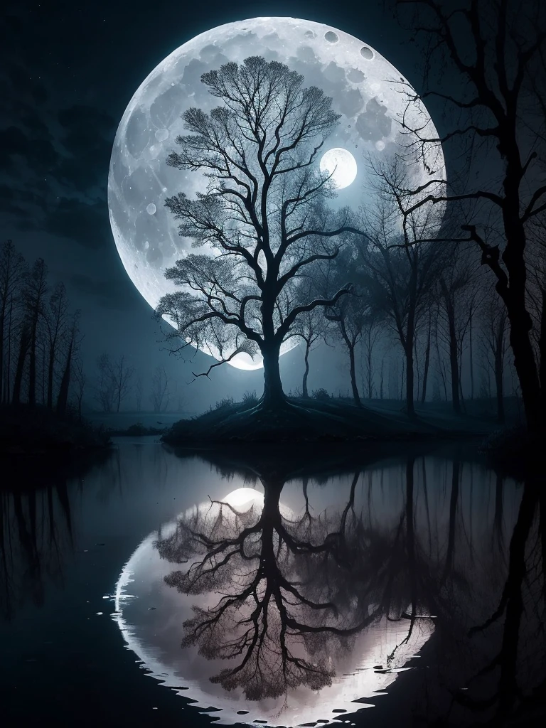 arafed image of a tree in a puddle with a full moon in the background, a photo by Igor Zenin, flickr, fantasy art, reflection of the moon, sandy white moon landscape, beautiful image ever created, beautiful!!! digital art, beautiful moonlight, gorgeous composition, moon landscape, surreal scene, beautiful moon light, amazing composition, beautiful art