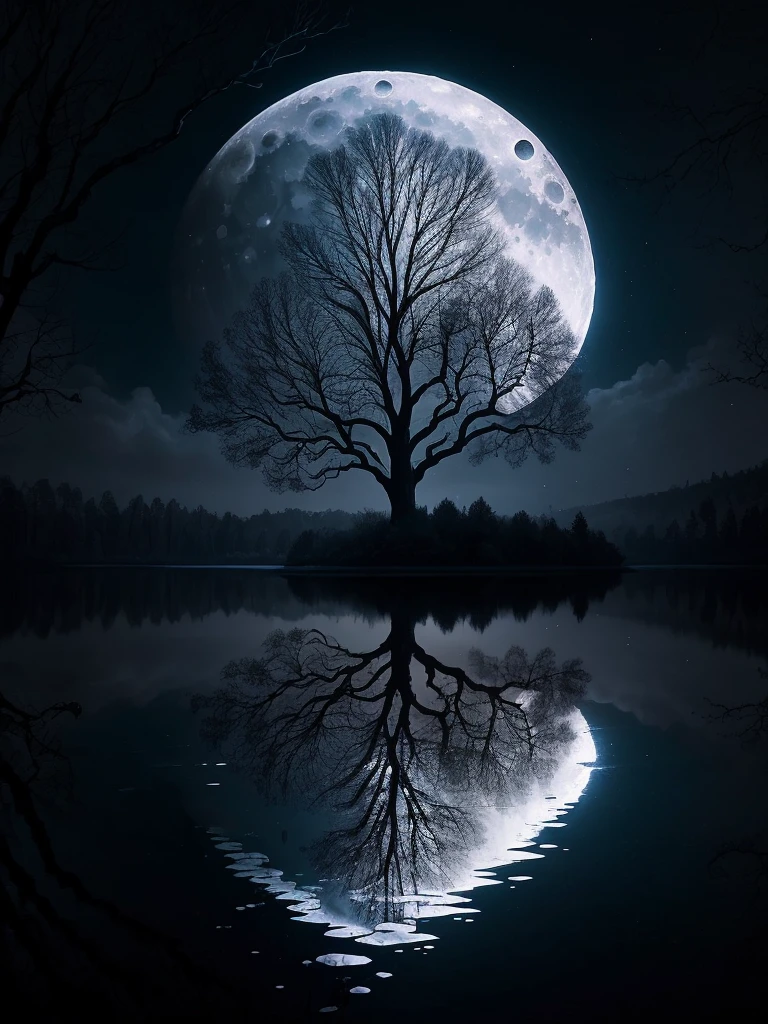 arafed image of a tree in a puddle with a full moon in the background, a photo by Igor Zenin, flickr, fantasy art, reflection of the moon, sandy white moon landscape, beautiful image ever created, beautiful!!! digital art, beautiful moonlight, gorgeous composition, moon landscape, surreal scene, beautiful moon light, amazing composition, beautiful art