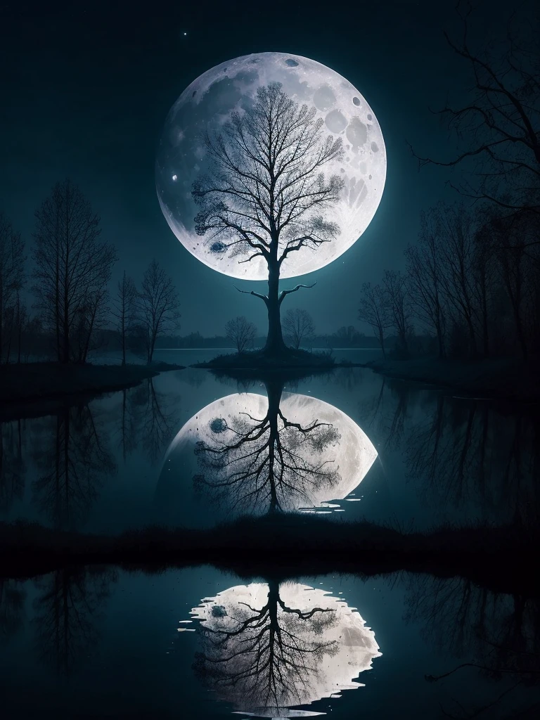 arafed image of a tree in a puddle with a full moon in the background, a photo by Igor Zenin, flickr, fantasy art, reflection of the moon, sandy white moon landscape, beautiful image ever created, beautiful!!! digital art, beautiful moonlight, gorgeous composition, moon landscape, surreal scene, beautiful moon light, amazing composition, beautiful art